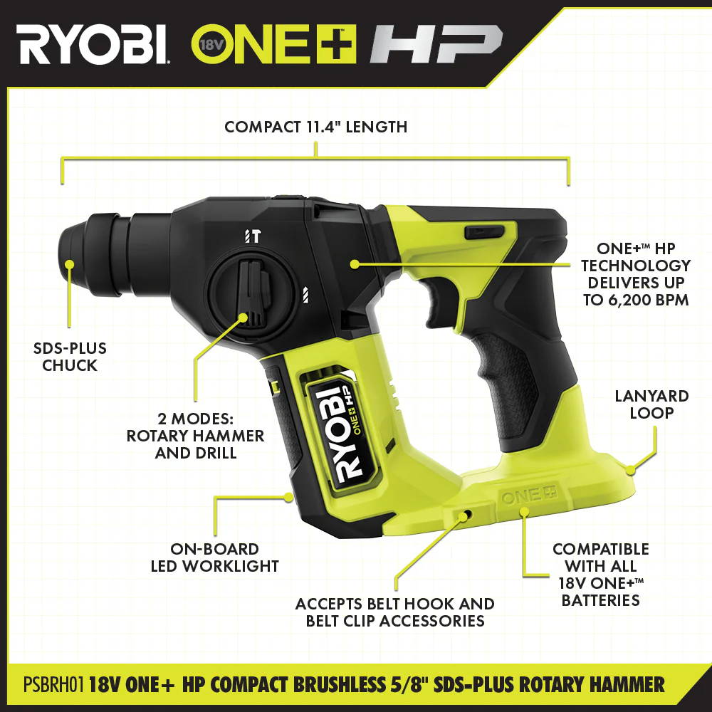 18V ONE+ HP COMPACT BRUSHLESS 5/8" SDS-PLUS ROTARY HAMMER - Image 2
