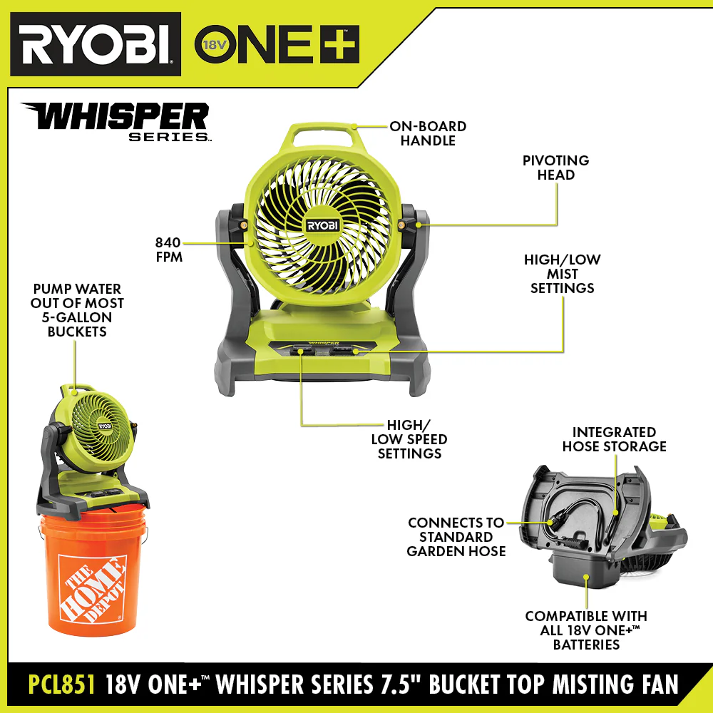 18V ONE+ WHISPER SERIES 7.5" BUCKET TOP MISTING FAN KIT - Image 2