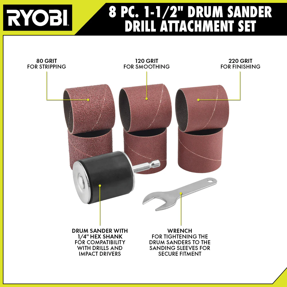 8 PC. 1-1/2" Drum Sander Drill Attachment Set - Image 3