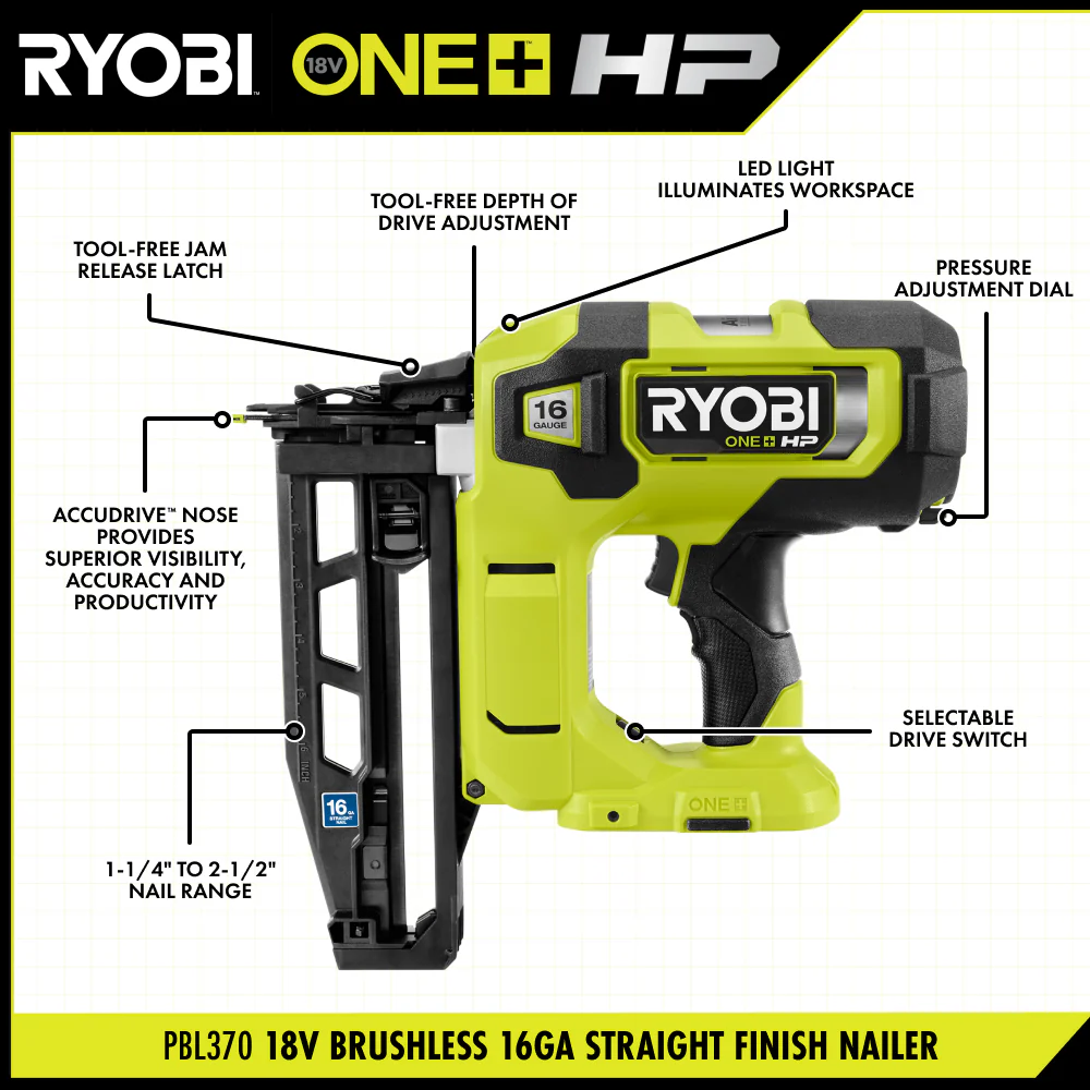 18V ONE+ HP 18V Brushless Cordless Nail Gun, 16-Gauge Straight Finish Nailer (Tool Only) - Image 2