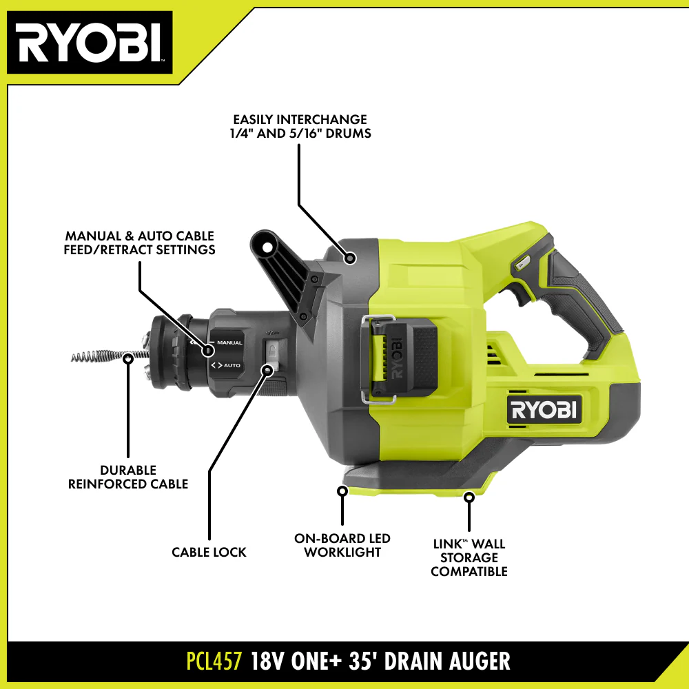 ONE+ 18V Cordless Drain Auger, Drain Clog Remover Tool w 35 ft Cable, LED Light, Cable Lock, Removable Drum (Tool Only) - Image 2