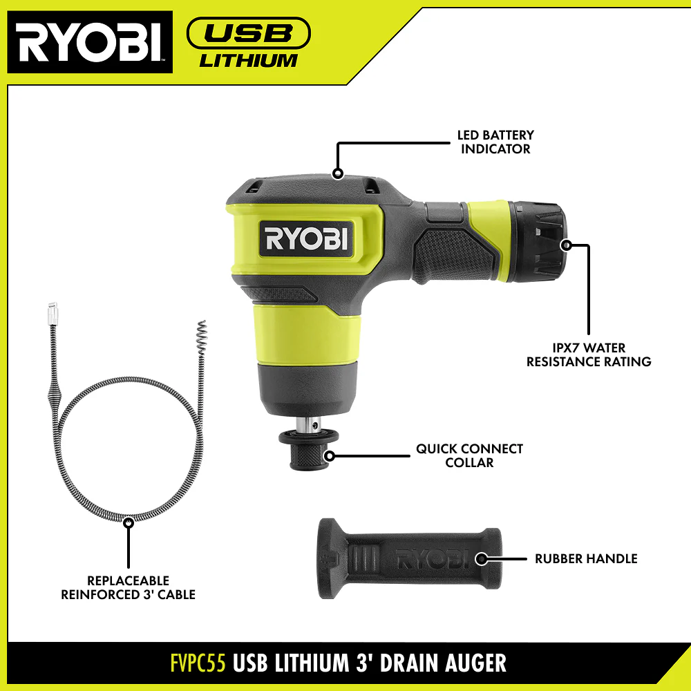 USB Lithium Cordless Drain Auger with 2.0 Ah USB Lithium Battery and Charging Cable - Image 3