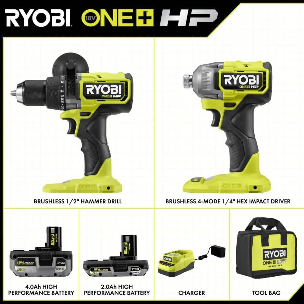 18V ONE+ HP BRUSHLESS CORDLESS 2-TOOL HAMMER DRILL / DRIVER, IMPACT DRIVER, 4.0 Ah, 2.0 Ah BATTERY, CHARGER, AND BAG - Image 2