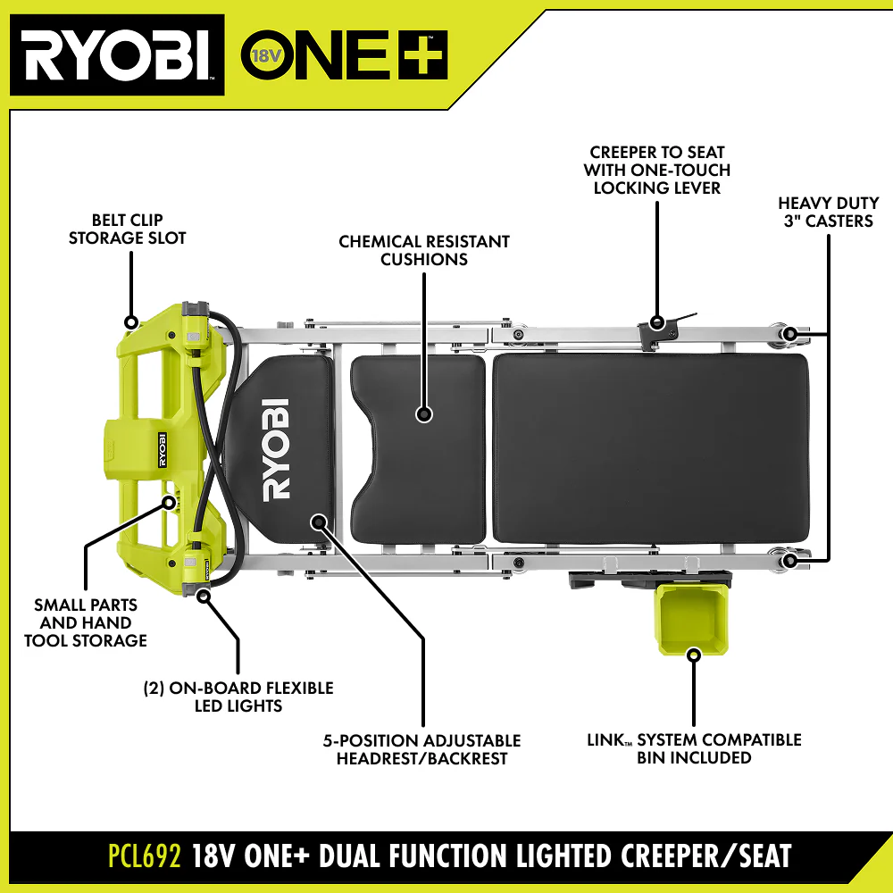 18V ONE+ Dual Function Lighted Creeper/Seat - Image 3