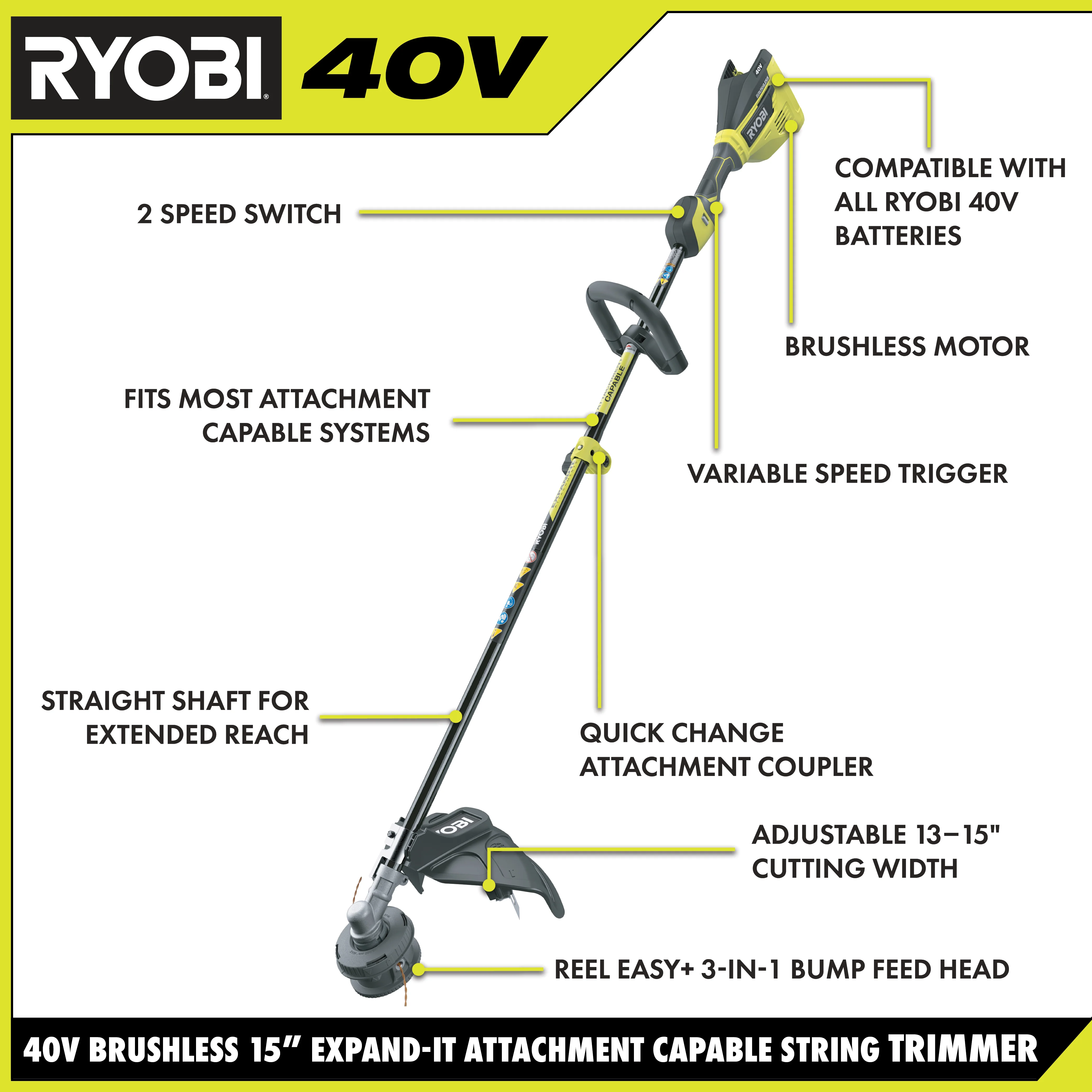 40V BRUSHLESS ATTACHMENT CAPABLE 15" STRING TRIMMER - Image 2