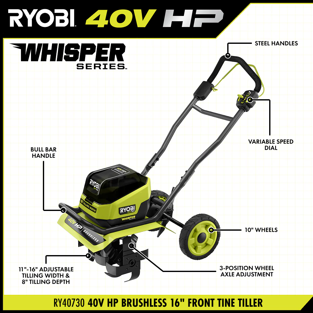 40V HP BRUSHLESS WHISPER SERIES 16" FRONT TINE TILLER KIT - Image 4