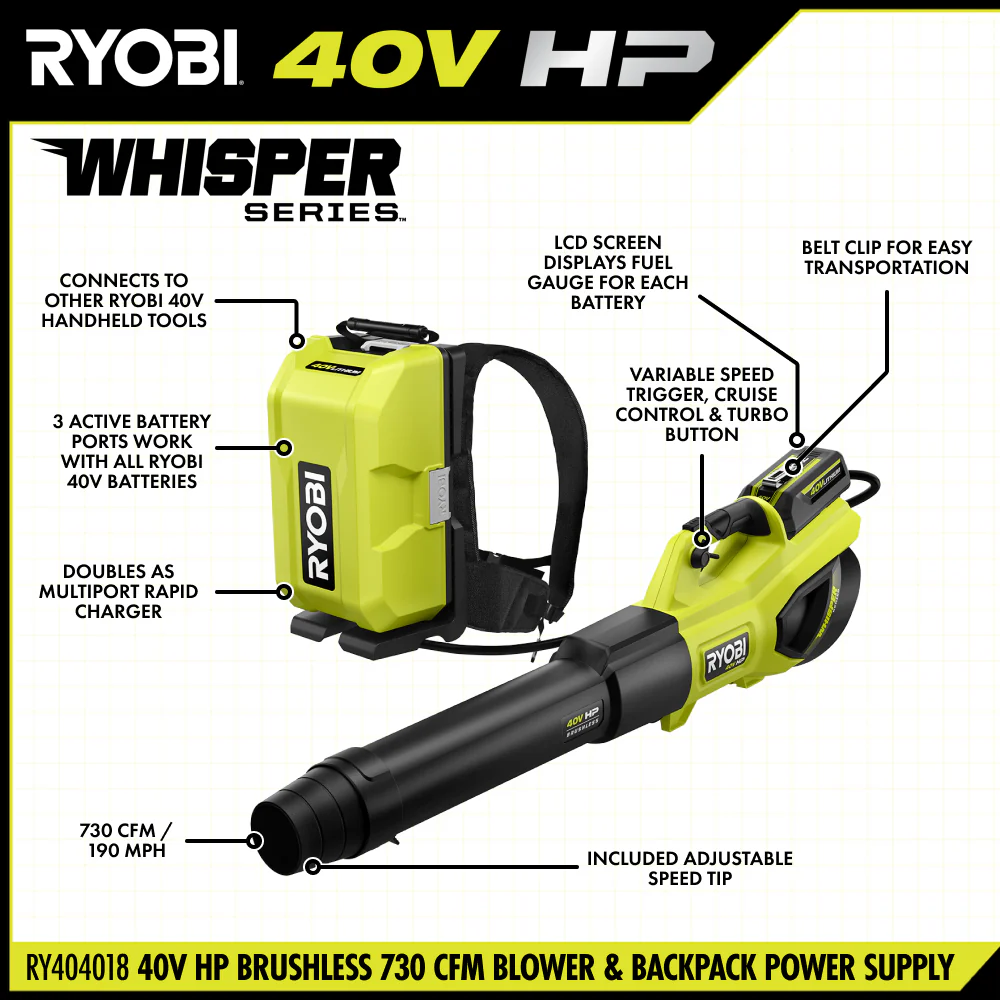 40V HP BRUSHLESS 730 CFM WHISPER SERIES BLOWER & BACKPACK POWER SUPPLY KIT - Image 4