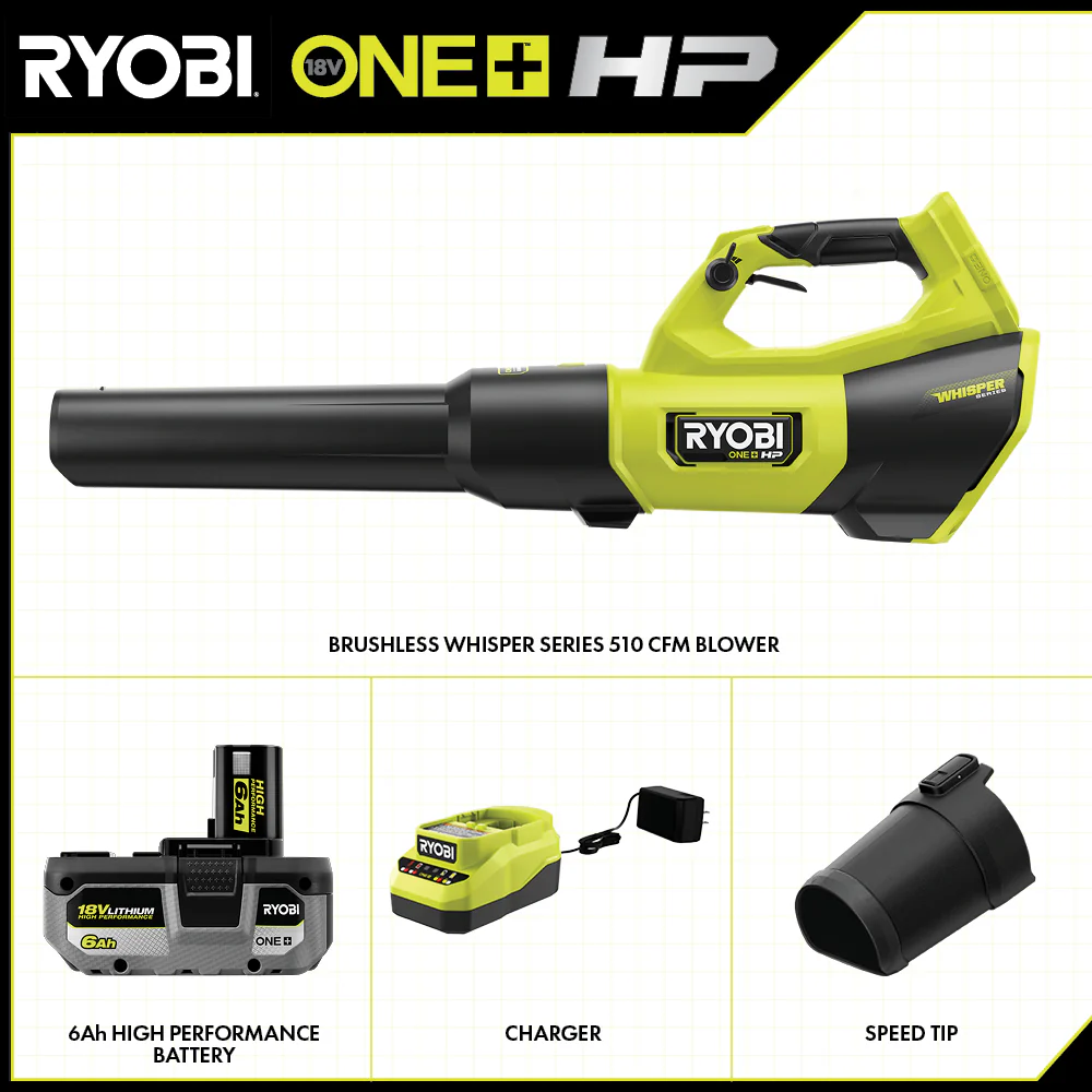 18V ONE+ HP Brushless WHISPER SERIES 510 CFM 130 MPH Battery Leaf Blower, 6.0 Ah Battery, Charger - Image 3