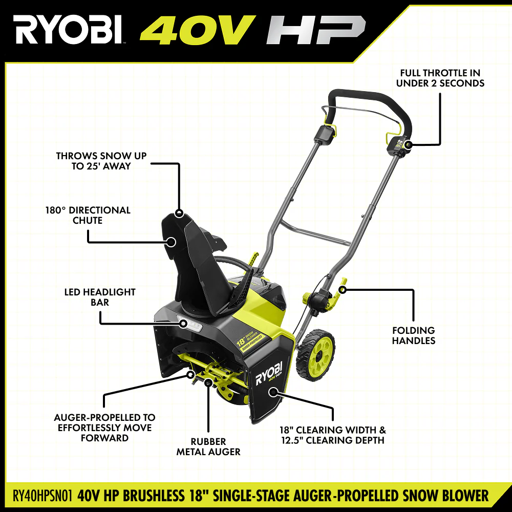 40V HP Brushless 18” Single-Stage Auger-Propelled Snow Blower - Image 3
